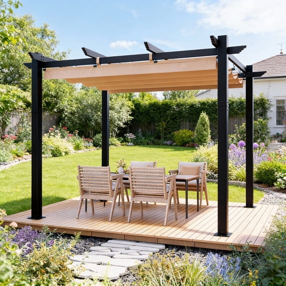 MELLCOM Retractable Pergola 10x12 ft, Dual Adjustable, UV Protection, Durable Aluminum Frame, Locking Straps and Screws for Backyard Deck, Khaki