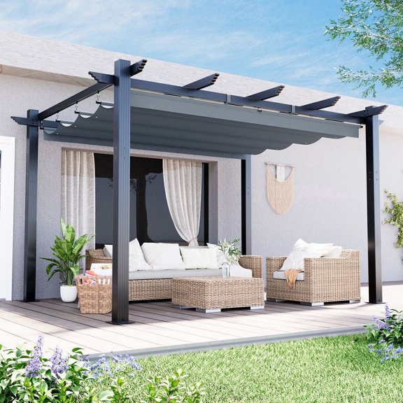 MELLCOM Retractable Pergola 10x13 Ft, Outdoor Aluminum Shelter with Dual Adjustable Sun Shade Canopy for Patio Backyard, Locking System Includes Straps & Screws (Gray)