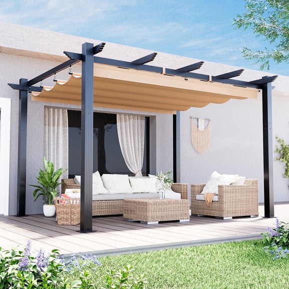 MELLCOM Retractable Pergola 10x13 Ft, Outdoor Aluminum Shelter with Dual Adjustable Sun Shade Canopy for Patio Backyard, Locking System Includes Straps & Screws (Khaki)