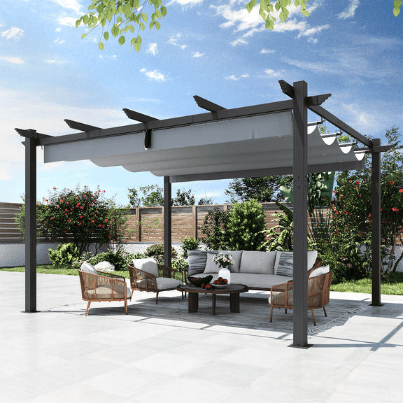 MELLCOM Retractable Pergola 10x13 ft, Dual Adjustable, UV Protection, Durable Aluminum Frame, Locking Straps and Screws for Backyard Deck, Gray