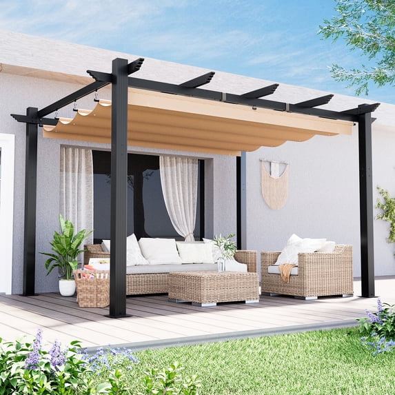 MELLCOM Retractable Pergola 10x13 ft, Dual Adjustable, UV Protection, Durable Aluminum Frame, Locking Straps and Screws for Backyard Deck, Khaki