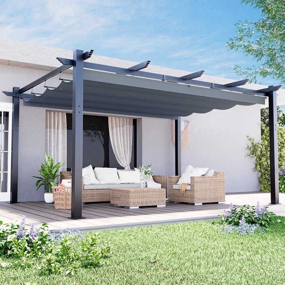 MELLCOM Retractable Pergola 12x16 Ft, Outdoor Aluminum Shelter with Dual Adjustable Sun Shade Canopy for Patio Backyard, Locking System Includes Straps & Screws (Gray)