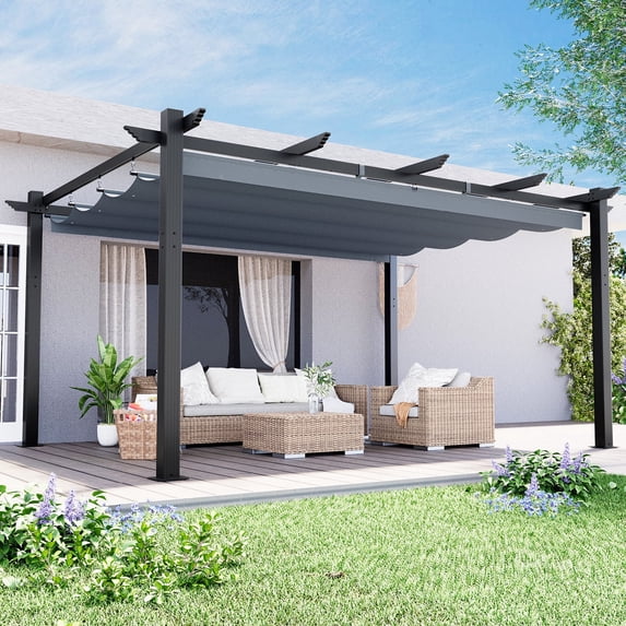 MELLCOM Retractable Pergola 12x16 ft, Dual Adjustable, UV Protection, Durable Aluminum Frame, Locking Straps and Screws for Backyard Deck, Gray