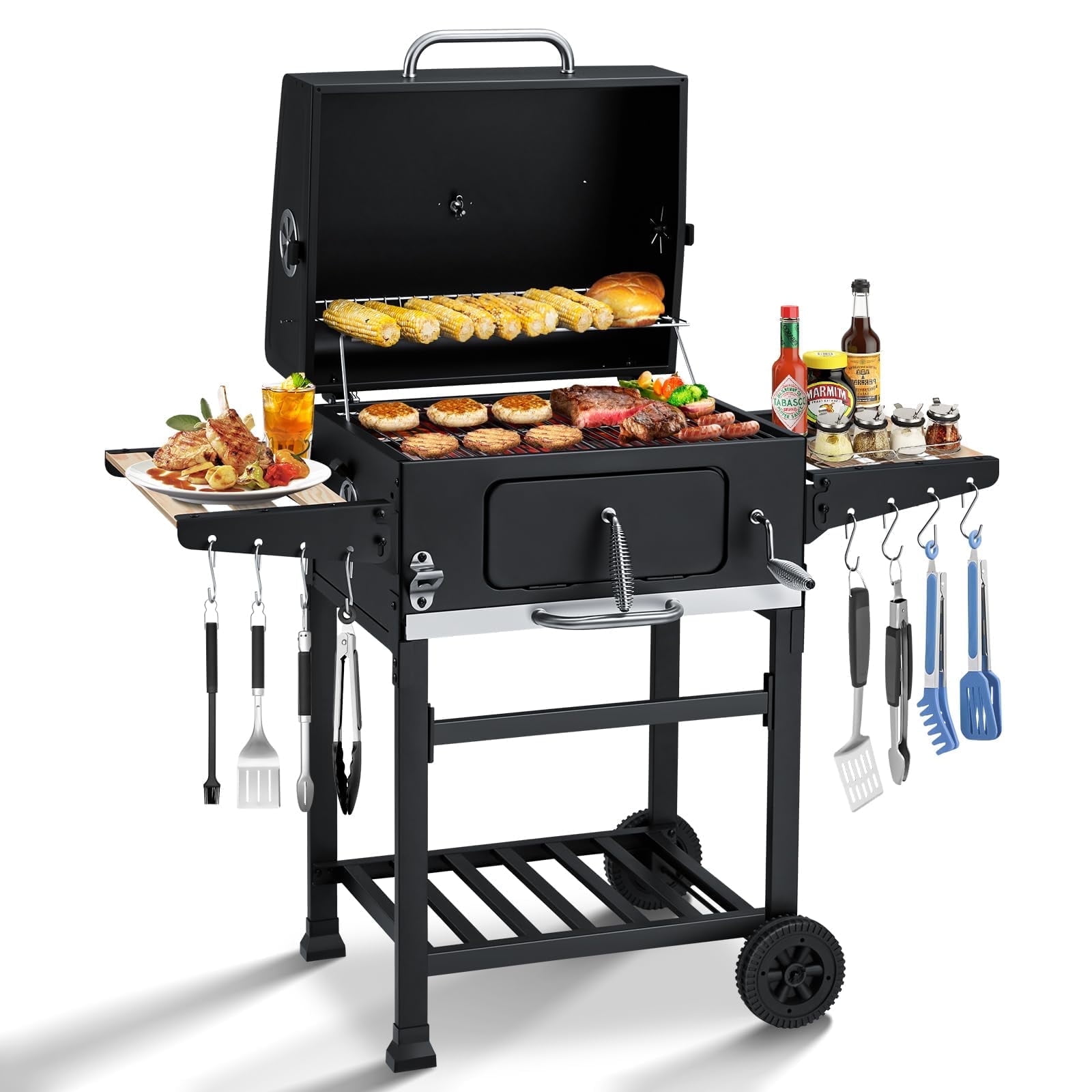 MELLCOM Small Charcoal Grill with Wood Foldable Side Table - 338 Sq.In BBQ Area with Individual Lifting Charcoal Trays & Thermometer, Movable Charcoal Grill for Patio, Garden and Backyard