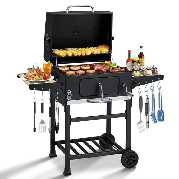 MELLCOM Small Charcoal Grill with Wood Foldable Side Table - 338 Sq.In BBQ Area with Individual Lifting Charcoal Trays & Thermometer, Movable Charcoal Grill for Patio, Garden and Backyard