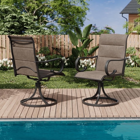 MELLCOM Swivel Outdoor Chairs Set of 2, High Back Padded Textilene Patio Dining Chairs with Metal Frame, All-Weather Outdoor Furniture Rocker, Brown