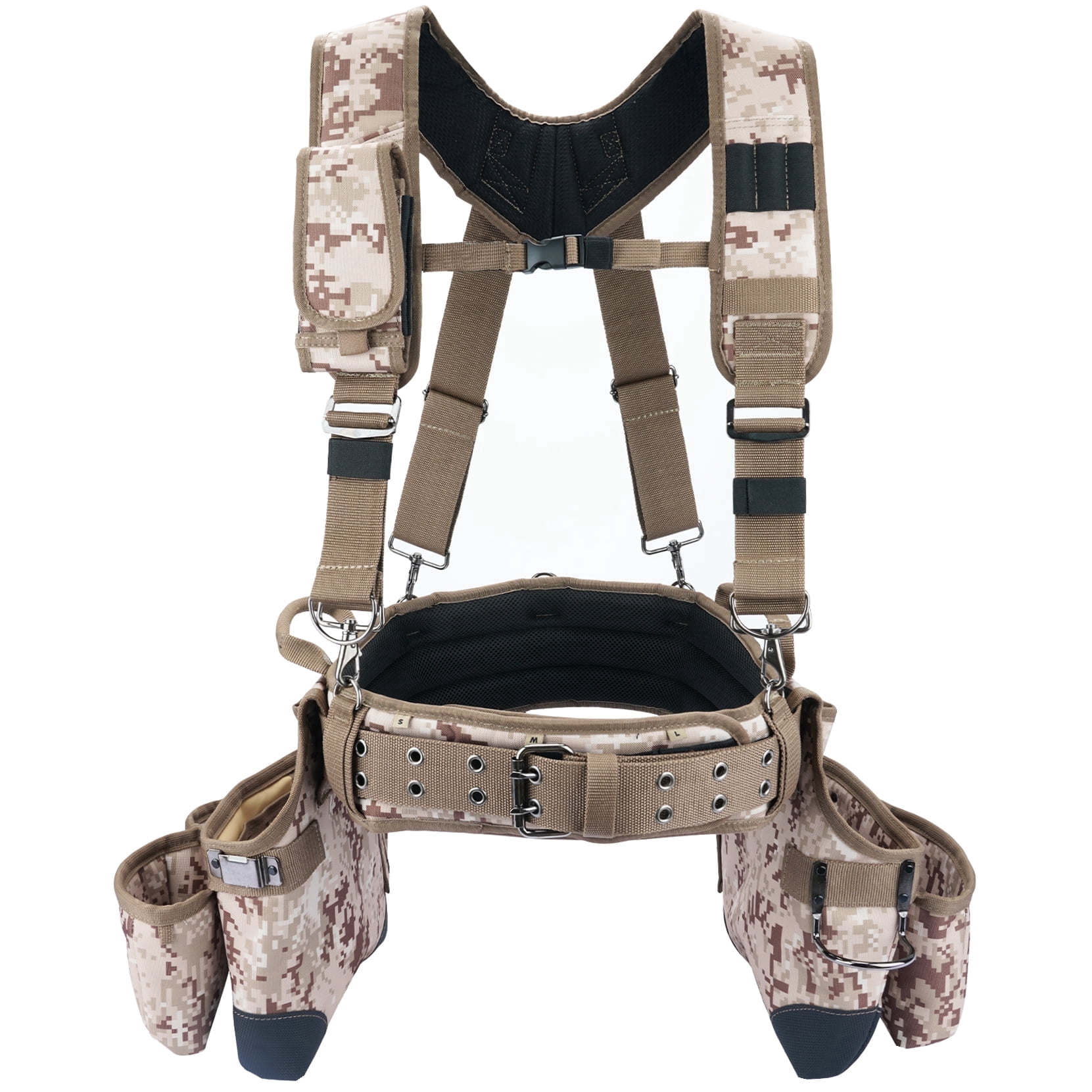 MELOTOUGH Camo Tool Belt with Suspenders Camouflage Tool Pouch Supenders Framers Combo Apron Tool Belt Construction Tool Bag Suspenders Heavy Duty Carpenter Suspension Rig for Electrician(Kahki Camo)
