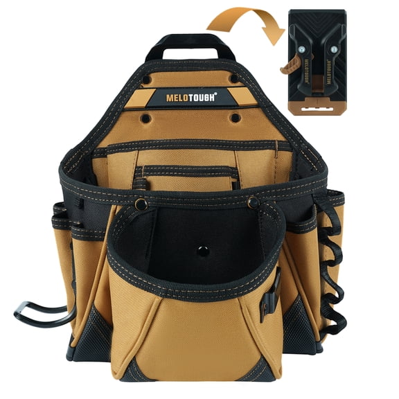 MELOTOUGH Contractor Electrician Tool Pouch - Nail Screw Work Framer Belt With Hammer Loop Clip-on Utility Organizer and Kickstand Back