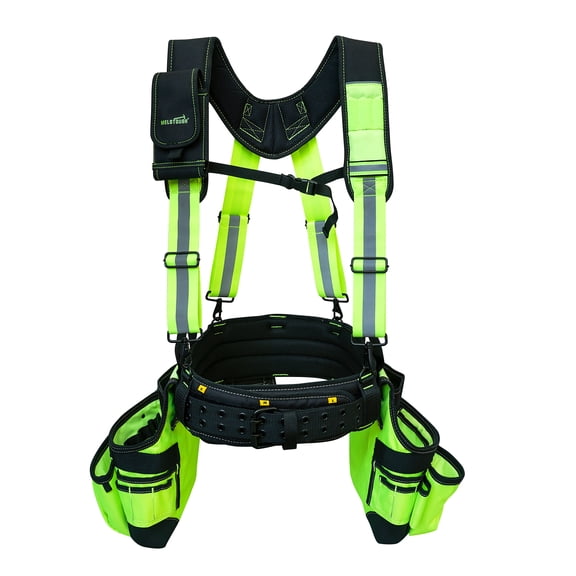 MELOTOUGH Reflective Safety Tool Belt with Suspenders Tool Bag Supenders Framers Comb Apron Construction Tool Pouch Builder Heavy Duty Carpenter Suspension Rig for Electrician, Roofing