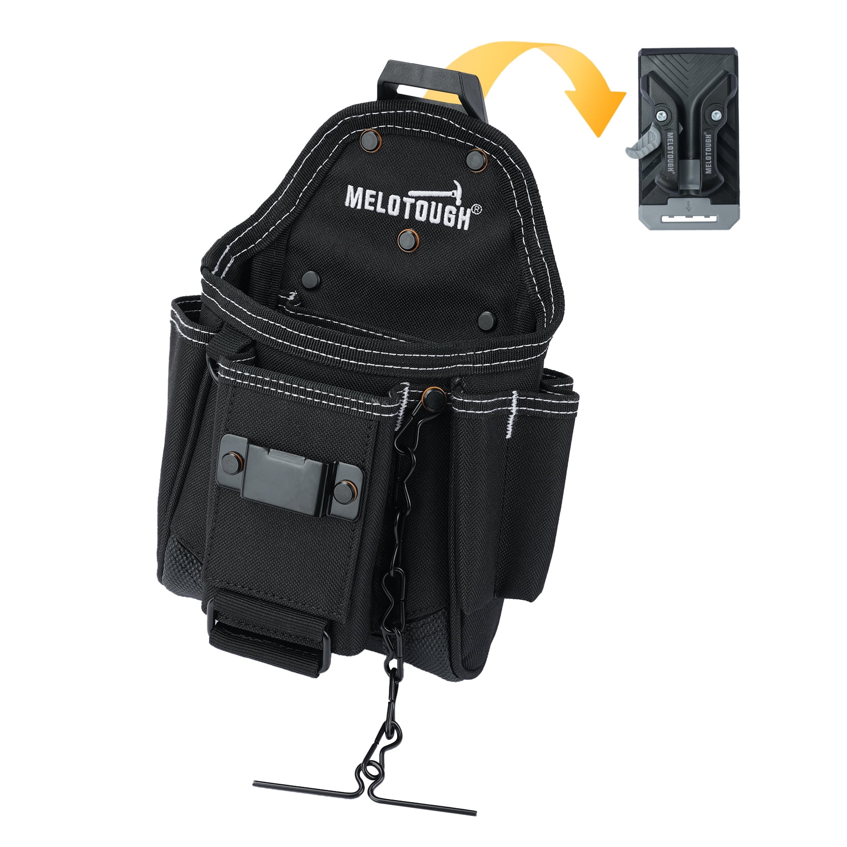 MELOTOUGH Small Electrician Tool Pouch With Belt Clip Attachment - 9 Pockets Tradesman Bag With Tape Thong - Holster for Electricians