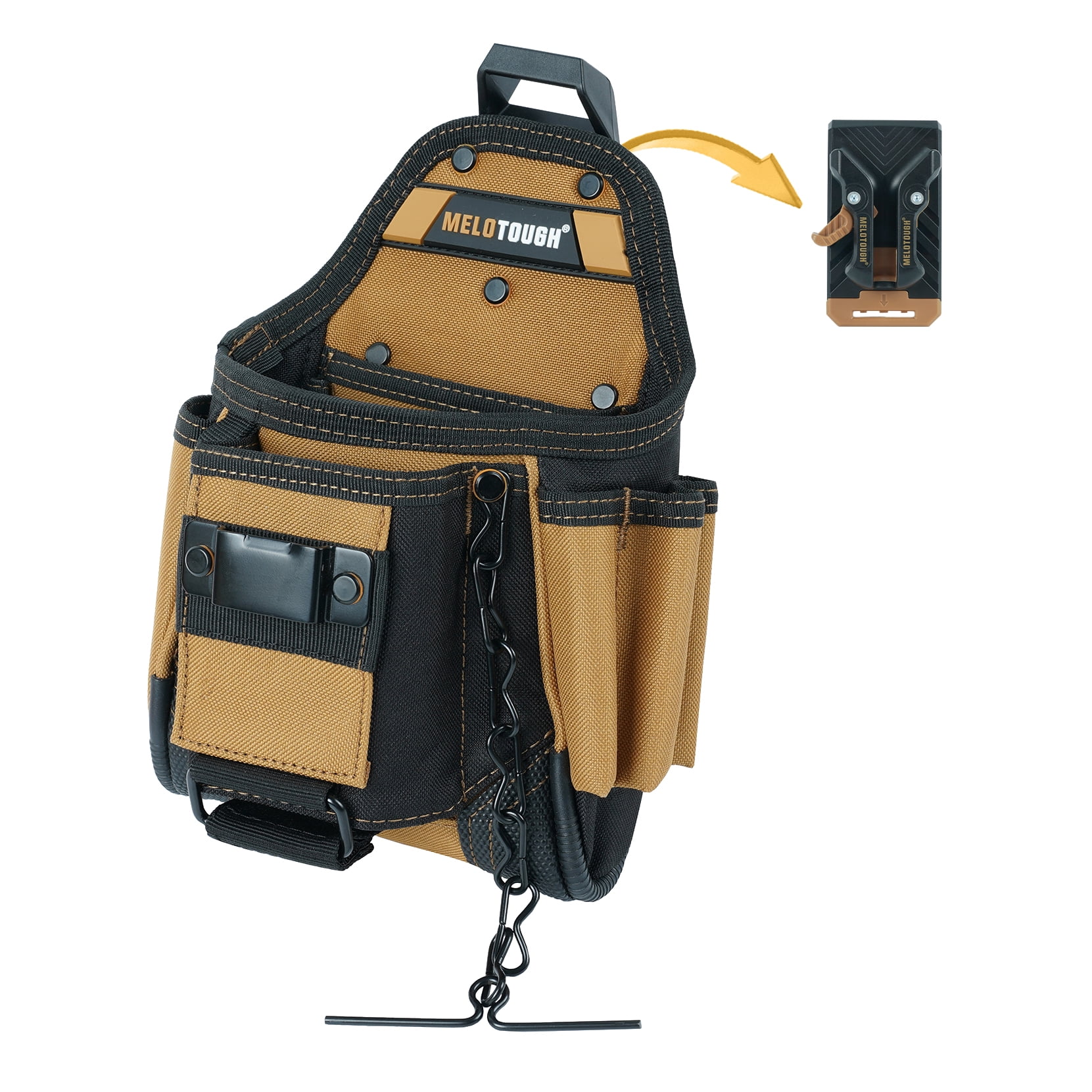 MELOTOUGH Small Electrician Tool Pouch With Belt Clip Attachment - 9 Pockets Tradesman Bag With Tape Thong - Holster for Electricians