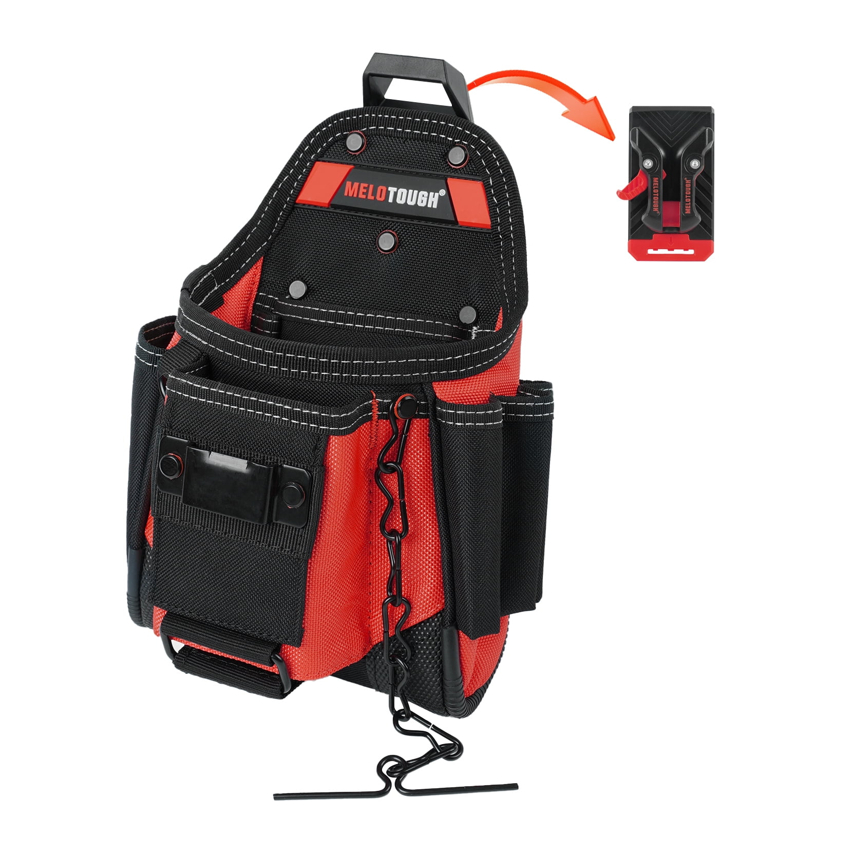 MELOTOUGH Small Electrician Tool Pouch With Belt Clip Attachment - 9 Pockets Tradesman Bag With Tape Thong - Holster for Electricians