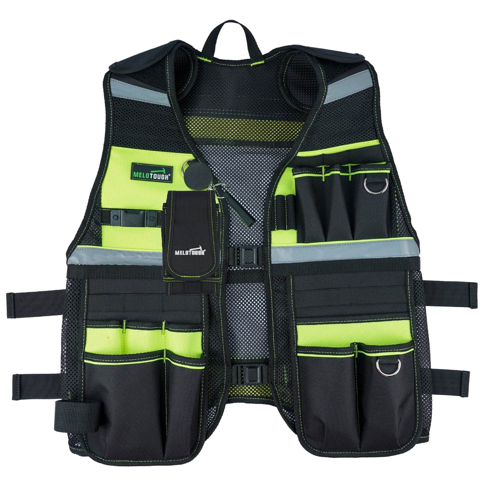 MELOTOUGH Tool Vest Reflective Safety Tool Vest with Removable Phone Holder,Retractable Pen Holder for Electrician,Carpenters,Construction(Lime)