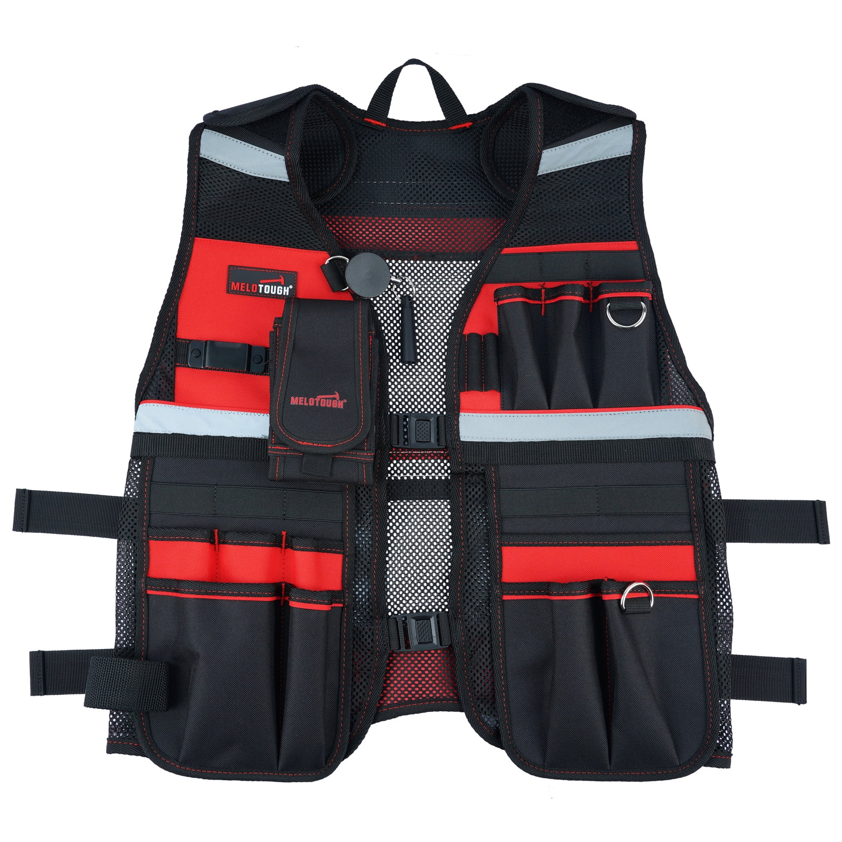 MELOTOUGH Tool Vest for Men Reflective Safety Tool Vest with Adjustable Straps,Removable Phone Holder for Electrical,Carpenters,Construction(Red)