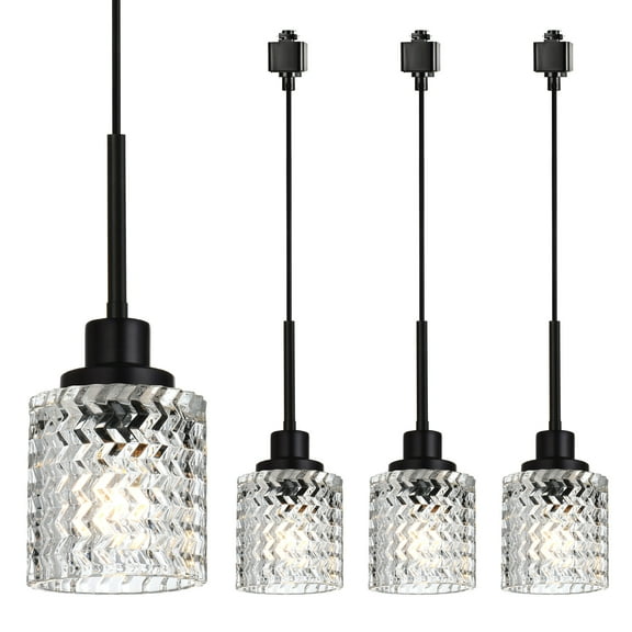 MELUCEE 4 Pack H Type Track Pendant Lighting Black Ceiling Track Hanging Light Fixtures Pendant with Hammered Glass Shades