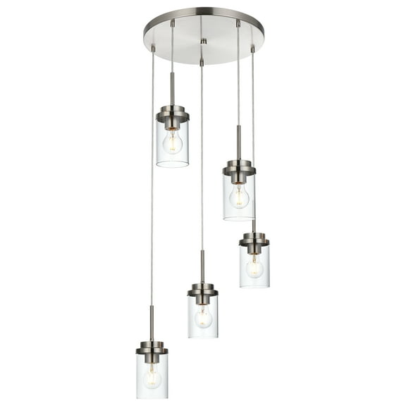 MELUCEE 5-Light Cluster Pendant Lights Stairwell Lighting Brushed Nickel Chandelier for Dining Room, Clear Glass Shade