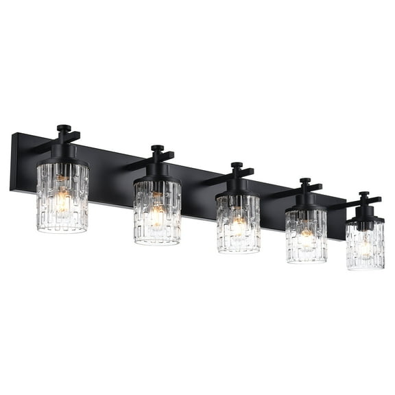 MELUCEE 5 Lights Bathroom Light Fixtures, Matte Black Vanity Lighting with Clear Grid Glass Shade