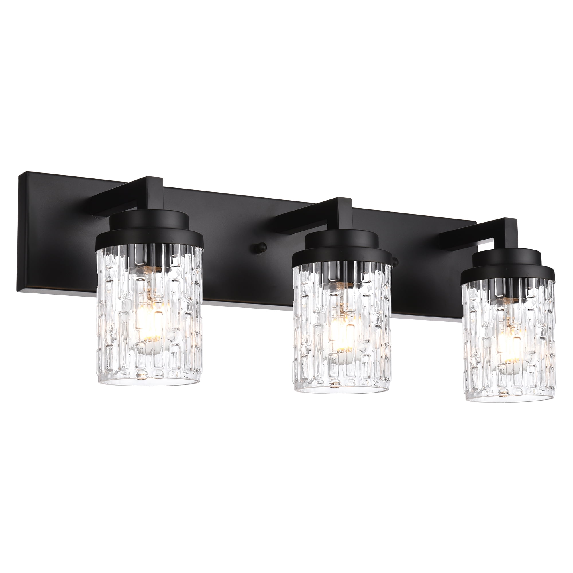 MELUCEE Black Bathroom Vanity Light fixtures, 3-Light Industrial Metal Wall Lights with Clear Grid Glass Shade Indoor Wall Lamp for Mirror Cabinet Kitchen Bedroom Hallway
