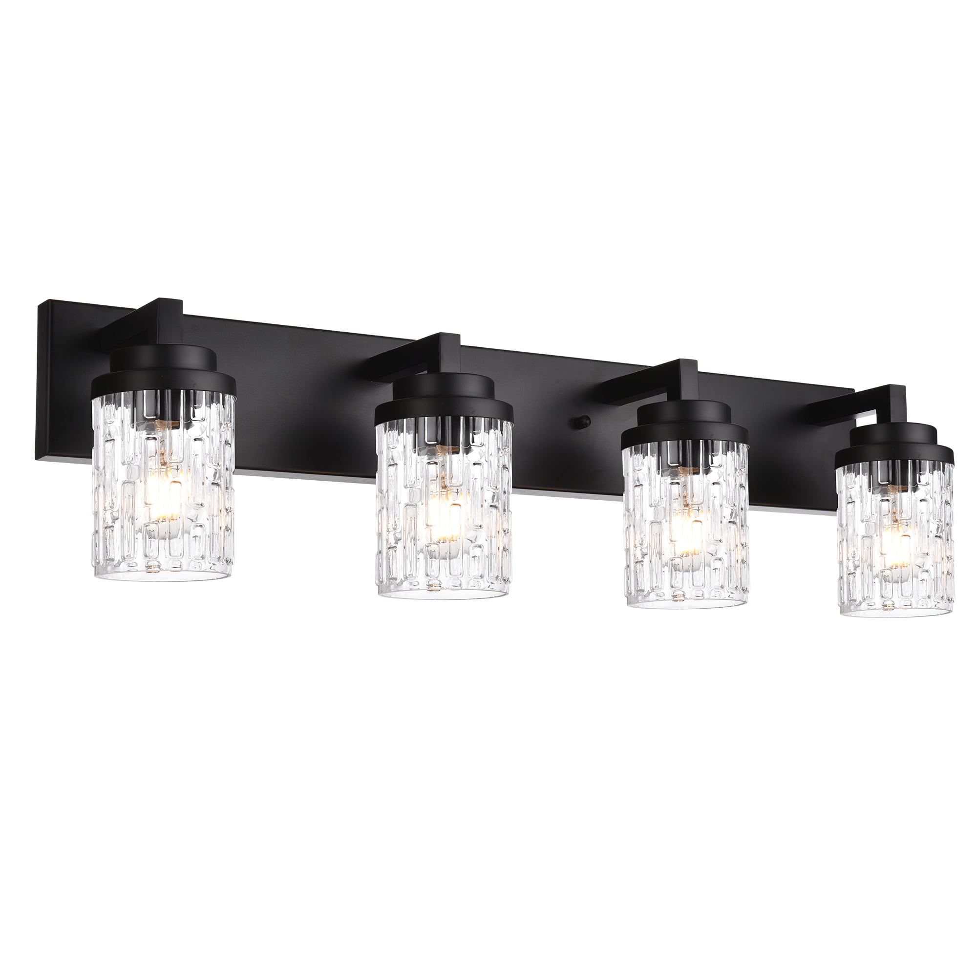 MELUCEE 4-Light Vanity Fixture, Black, Clear Grid Glass, Metal Wall
