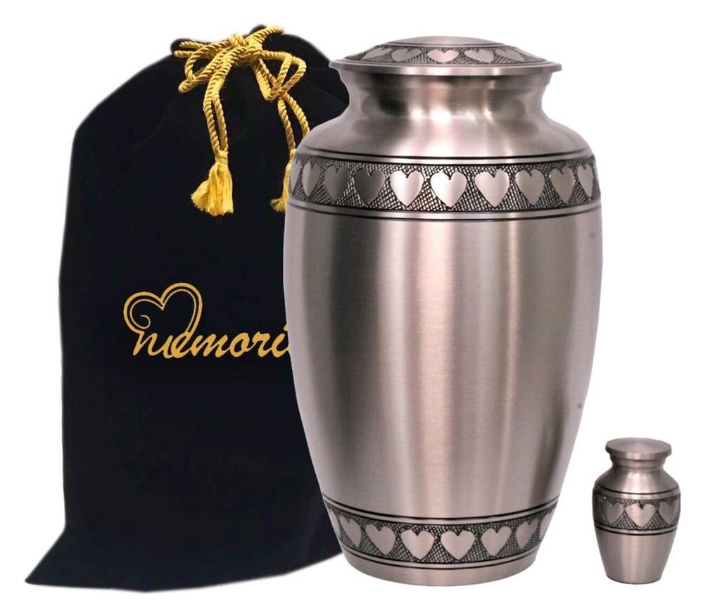 MEMORIALS4U Classic Pewter with Heart Band Cremation Urn - 100% Handcrafted Large Pewter Heart Urn - Solid Brass Affordable Pewter Urn for Human Ashes - Adult Funeral Urn Deal with Free Keepsake