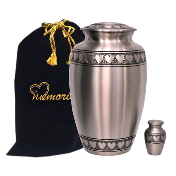 MEMORIALS4U Classic Pewter with Heart Band Cremation Urn - 100% Handcrafted Large Pewter Heart Urn - Solid Brass Affordable Pewter Urn for Human Ashes - Adult Funeral Urn Deal with Free Keepsake