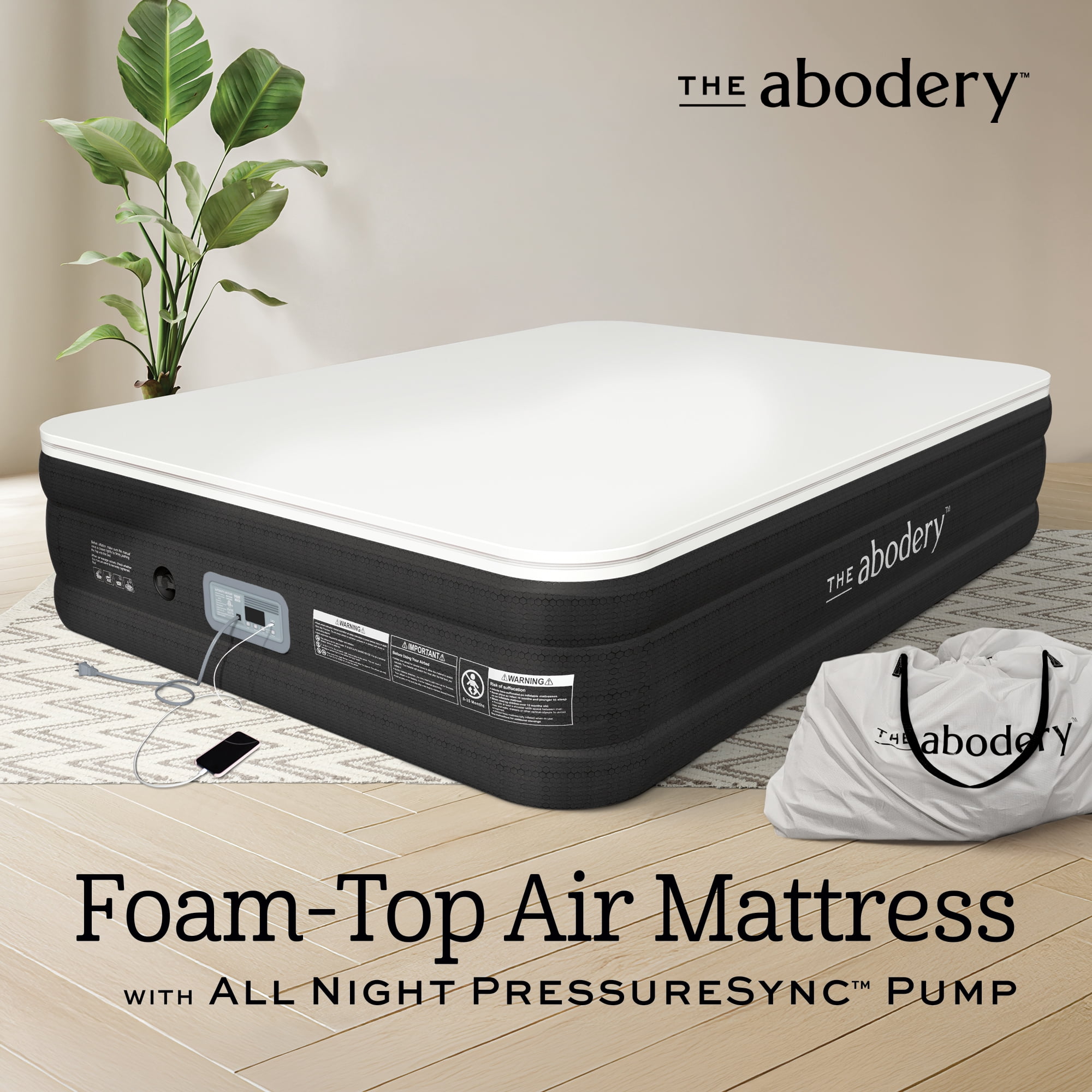 Foam Top Air Mattress with All-Night PressureSync Pump, Inflatable 18-Inch Queen Mattress by The Abodery