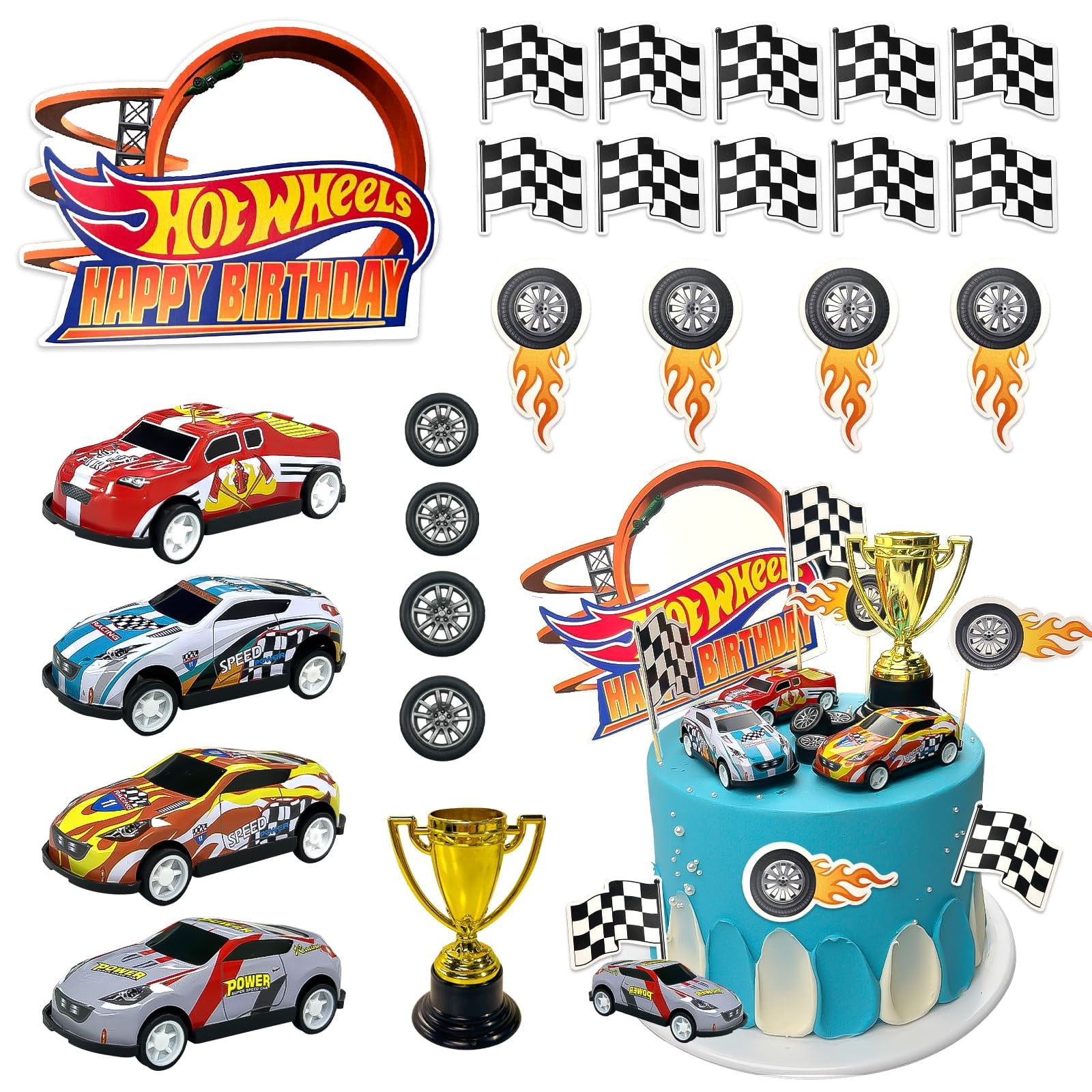 25-Piece Yellow Racing Car Cake Topper Set - Kids Birthday Party Decorations, Racing Theme Supplies