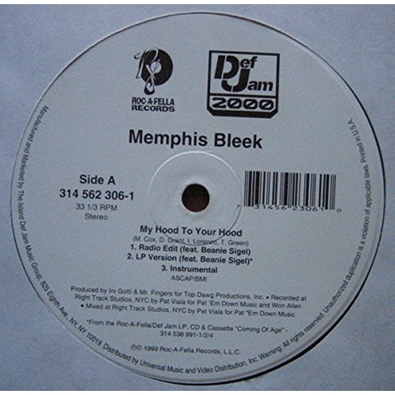 MEMPHIS BLEEK Featuring JA RULE - My Hood To Your Hood / Murda 4 Life - vinyl records