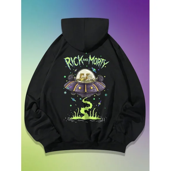 MEN Rick and Morty Letter Graphic Drawstring Hoodie Long Sleeve Fall Pullover