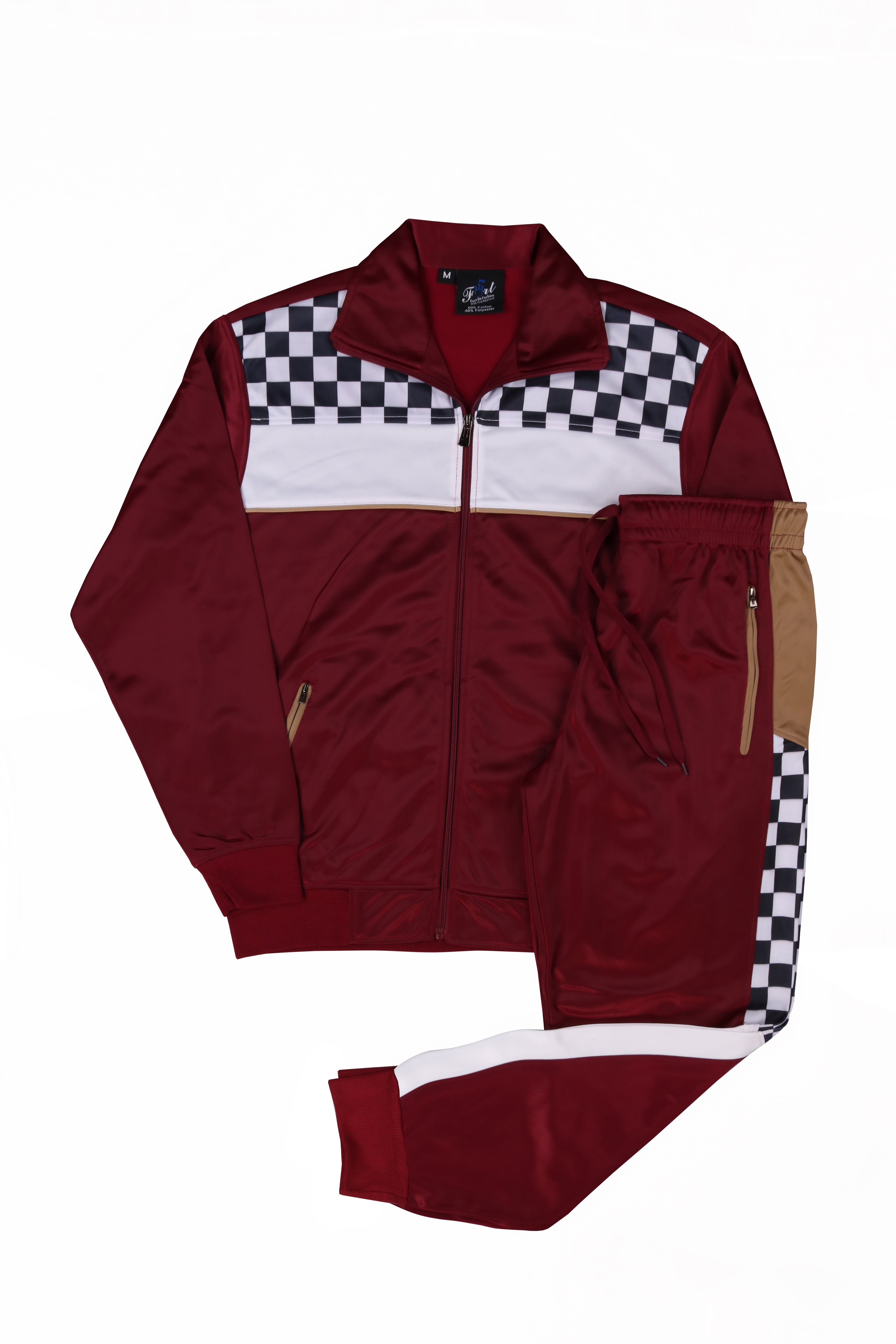 Men's Designer Checkered Tracksuit Set - Matching Jogger Pants & Zip Jacket (2-Piece)