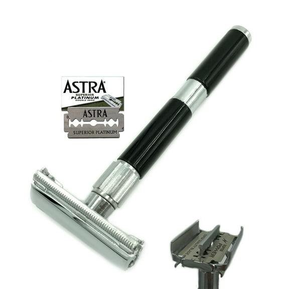 MEN'S 4" LONG HANDLE DOUBLE EDGE SAFETY RAZOR BUTTERFLY OPENING + BLADES