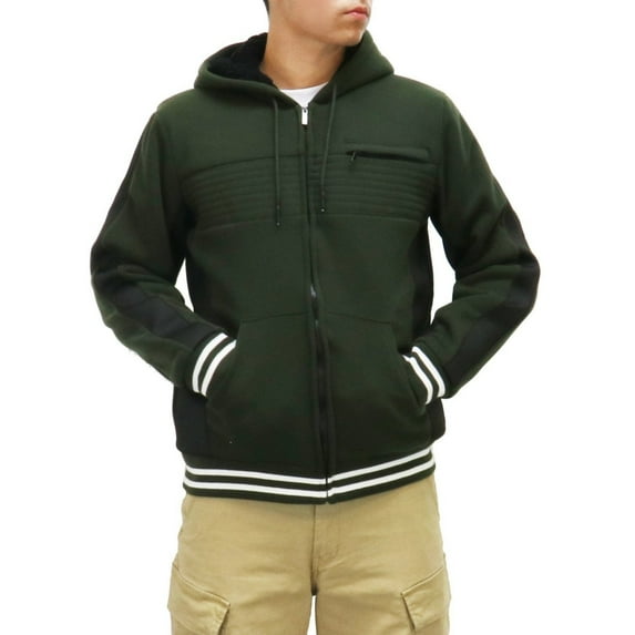 MEN'S CORAL FLEECE LINED JACKET WITH NEOPRENE SIDE PORTIONS, MOTO STITCHING ON CHEST WITH HOOD. FULL ZIP, PLUSH, WARM AND COZY.