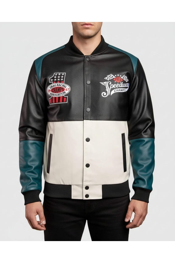 Men's Jonadab Vegan Leather Racing Jacket - Black/Teal, Small