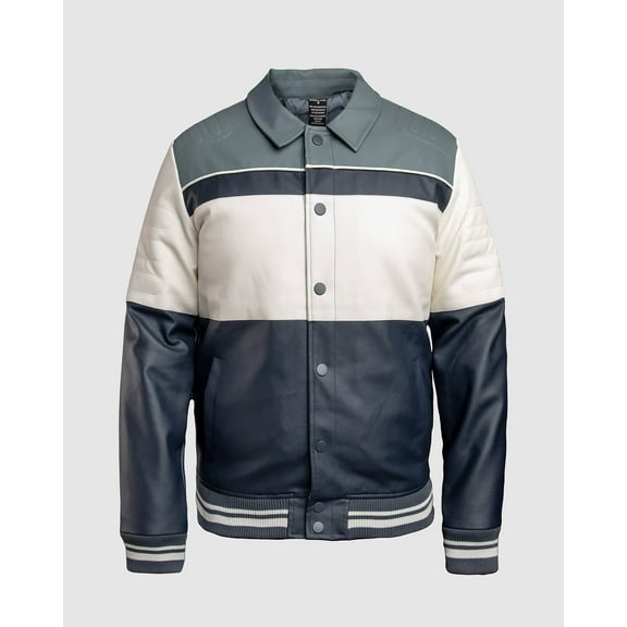 Men's Lucio Vegan Leather Racing Jacket - Navy/White, Large
