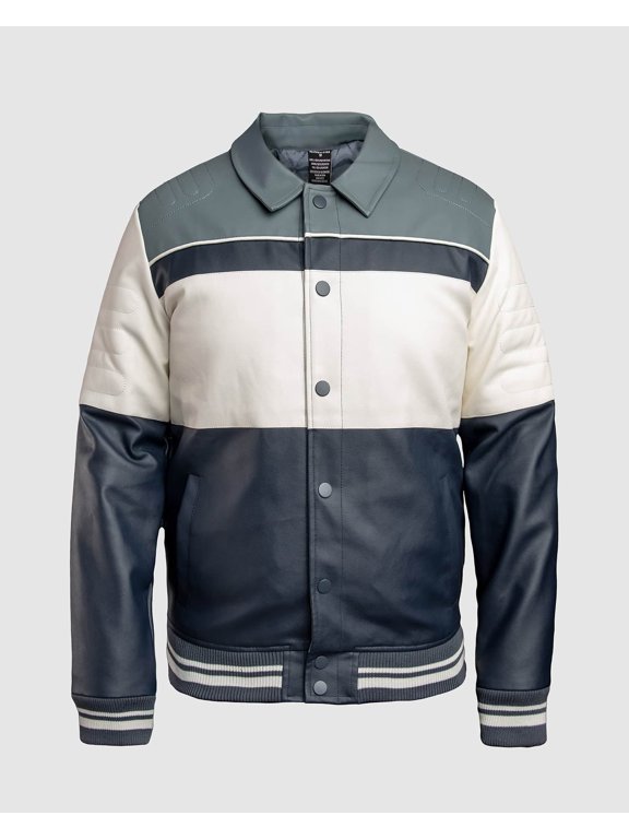 Men's Lucio Vegan Leather Racing Jacket - Navy/White, Large