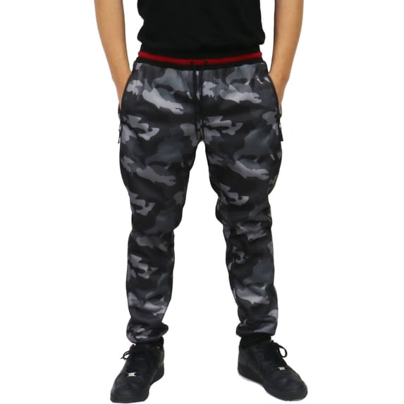 MEN'S PRINTED CAMO INTERLOCK JOGGER WITH YARN DYE RIB AND COATED ZIPPERS.