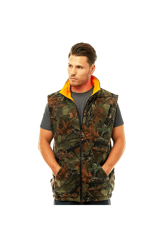 MEN'S REVERSIBLE CAMO & BLAZE ORANGE FLEECE HUNTING VEST - FULL ZIP WARM VEST, Large