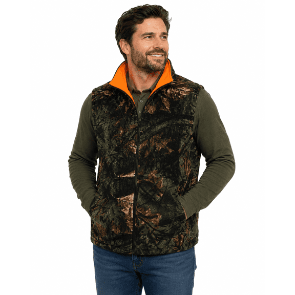 MEN'S REVERSIBLE CAMO & BLAZE ORANGE FLEECE HUNTING VEST - FULL ZIP WARM VEST, Large