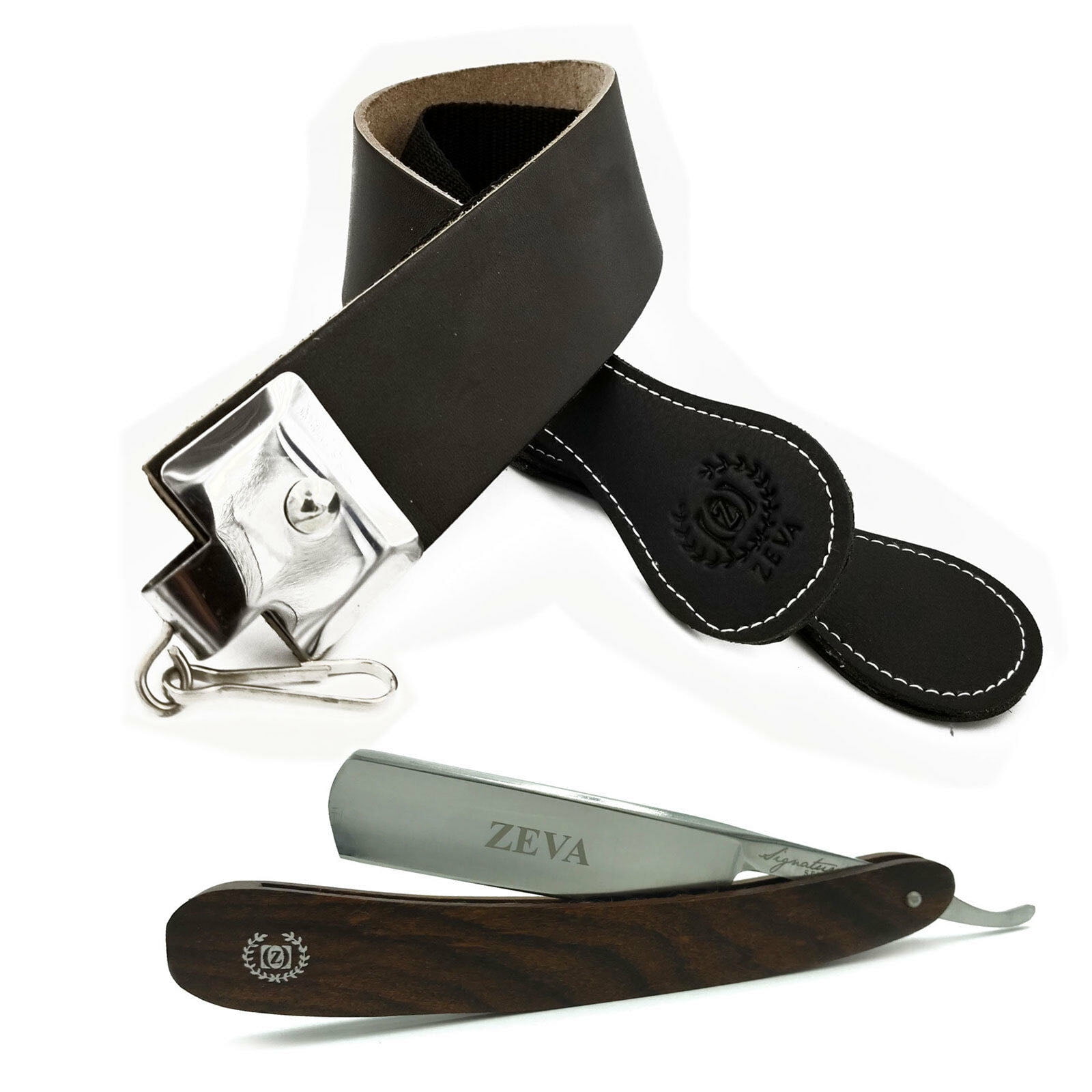 MEN'S WET SHAVE WOOD HANDLE STRAIGHT EDGE RAZOR WITH LEATHER SHARPENING STROP