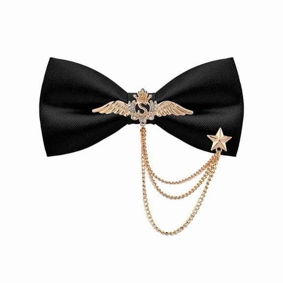 MENDENG Adjustable Mens Black Bow Tie with Rhinestone Brooch Chain, Pre Tied Ties for Men a3