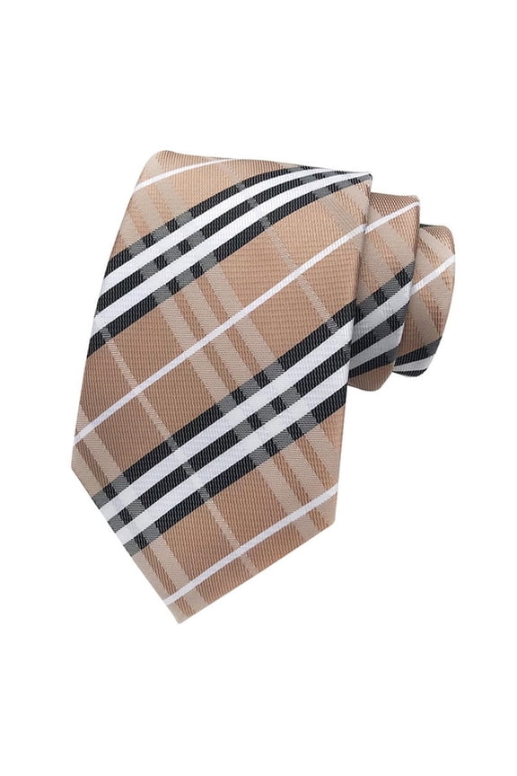 Beige Mens Ties Gingham Check Striped Neckties for Men Jacquard 3.15" - Party Wedding Gifts