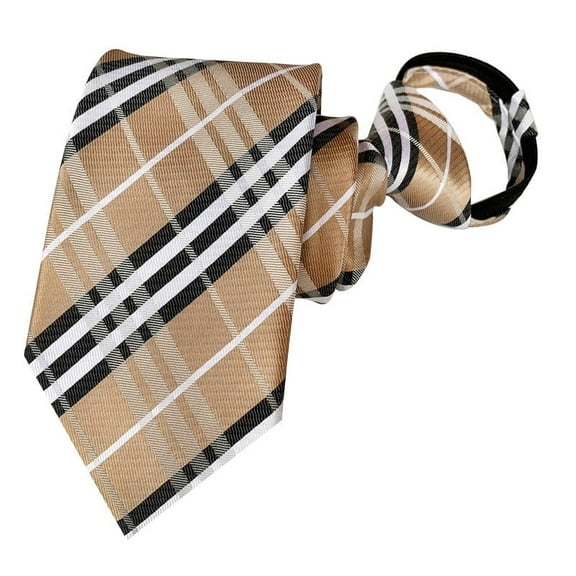 MENDENG Beige Zipper Ties for Men 3.15" Adjustable Plaid/Striped Woven Neckties Office Business