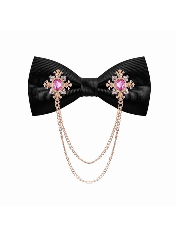 Black Bow Tie Pre-Tied Adjustable Men Bow Ties Rhinestones Chain Bowties Formal (Gold/Pink)
