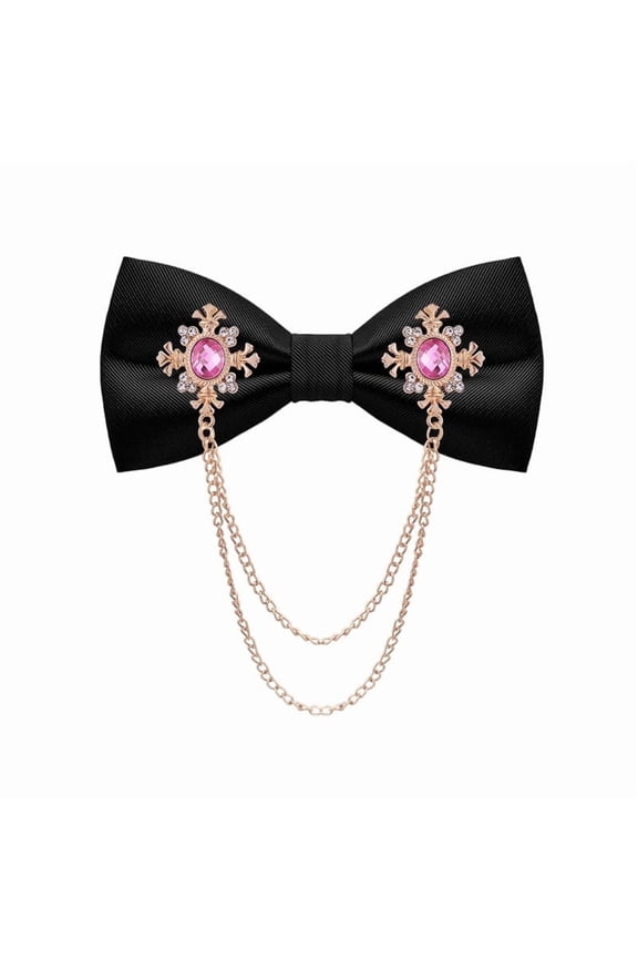 Black Bow Tie Pre-Tied Adjustable Men Bow Ties Rhinestones Chain Bowties Formal (Gold/Pink)