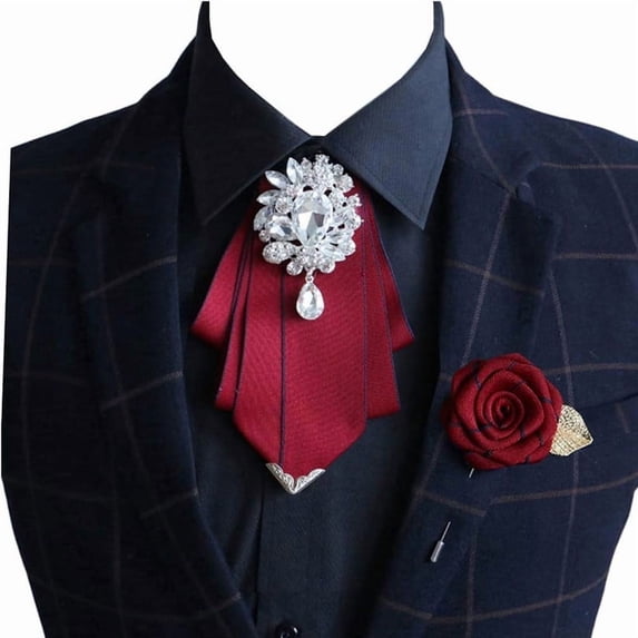 MENDENG Burgundy Handmade Crystal Pretied Bowtie Mens Adjustable Brooch Pin Necktie Wedding Gifts