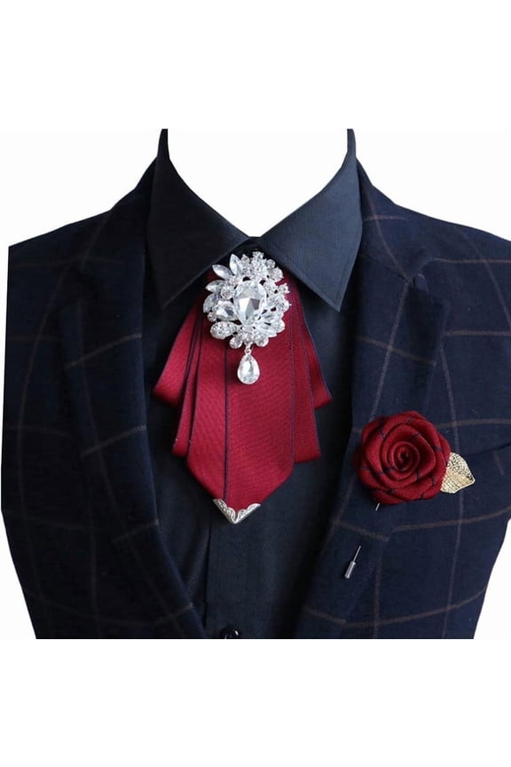 Burgundy Handmade Crystal Pretied Bowtie Mens Adjustable Brooch Pin Necktie Wedding Gifts