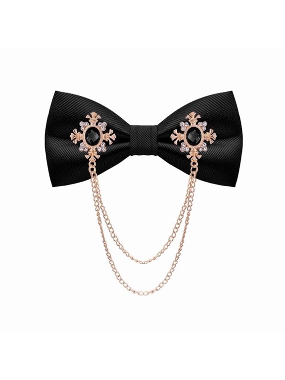 Men Bow Ties for Men Crystal Chain Pretied Black Tie Classic Bowtie Adjustable Neckties (Gold/Black)