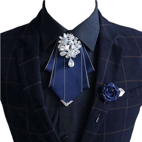 MENDENG Vintage Crystal Bow Tie Adjustable Navy Blue Bow Tie for Men Wedding Party Bowtie Men's Neckties Set