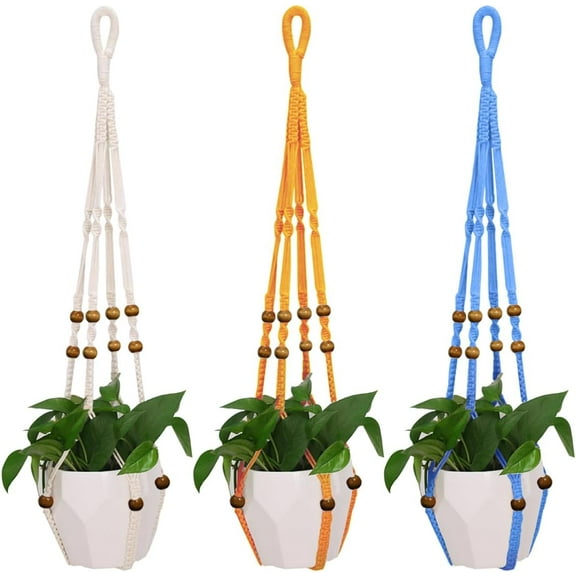 MENG ZHI AO 3 Pcs 35 Inch Macrame Plant Hanger Flower Pot Hanging Plant Holder No Tassels Decorative Hanging Planter Basket with Wood Beads for Home Decor (Ivory+Yellow+Blue)