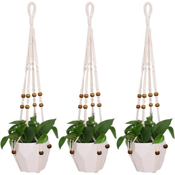 MENG ZHI AO 3 Pcs 35 Inch Macrame Plant Hanger Flower Pot Hanging Plant Holder No Tassels Decorative Hanging Planter Basket with Wood Beads for Home Decor (Ivory)